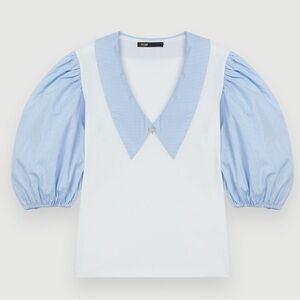 Maje Mixed Material Puff Sleeve Collared Top